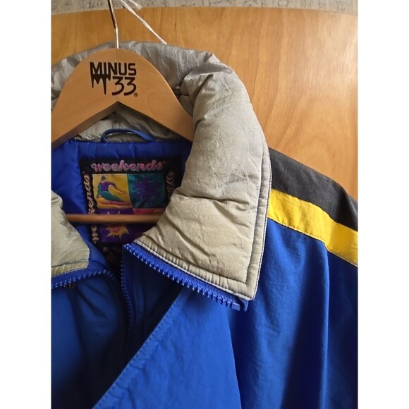 VTG Weekends Adventure Jacket Men L Yellow Reflective Colorblock 90s Ski Coat - Picture 6 of 9